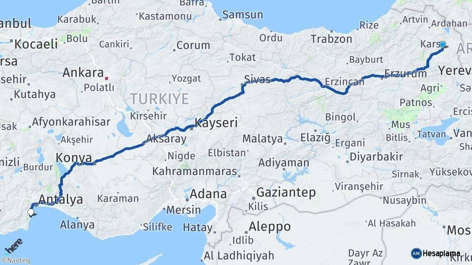 Kars Kemer Antalya Arası Kaç Km - Yol Haritası