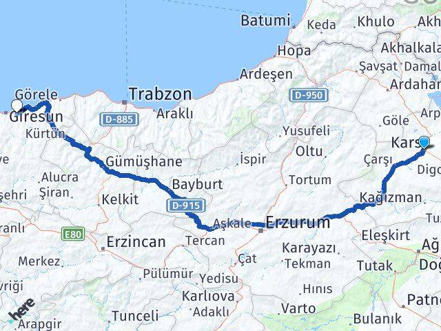 Kars Keşap Giresun Arası Kaç Km - Yol Haritası