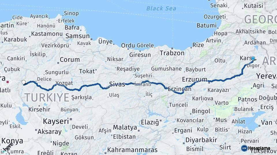 Kars Kırıkkale Arası Kaç Km - Yol Haritası