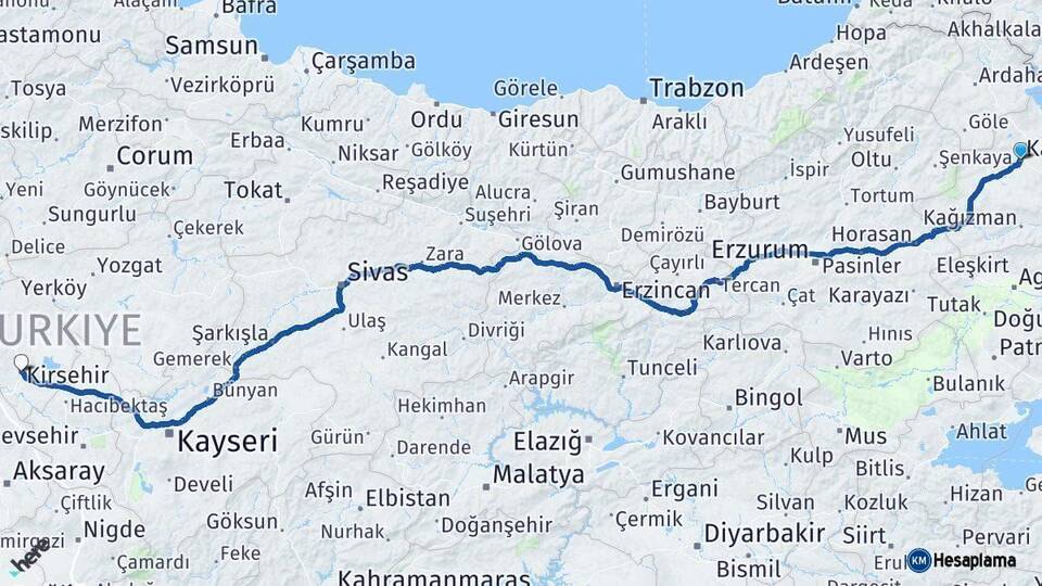 Kars Kırşehir Arası Kaç Km - Yol Haritası