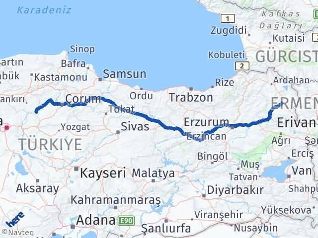 Kars Kızılırmak Çankırı Arası Kaç Km - Yol Haritası