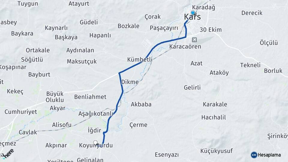 Kars Koyunyurdu Selim Arası Kaç Km - Yol Haritası