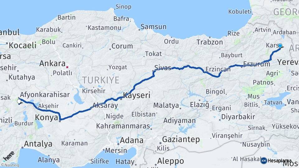 Kars Küçükboğatepe Arası Kaç Km - Yol Haritası