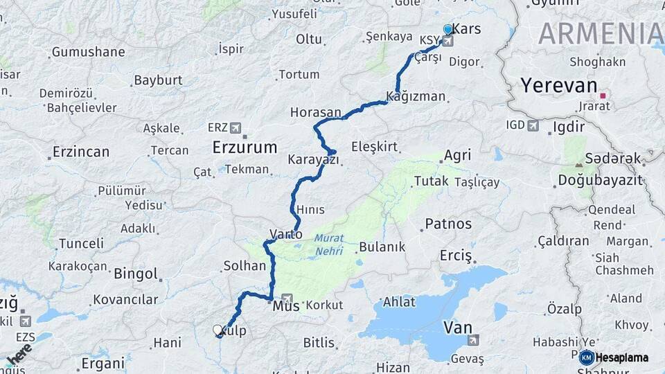Kars Kulp Diyarbakır Arası Kaç Km - Yol Haritası
