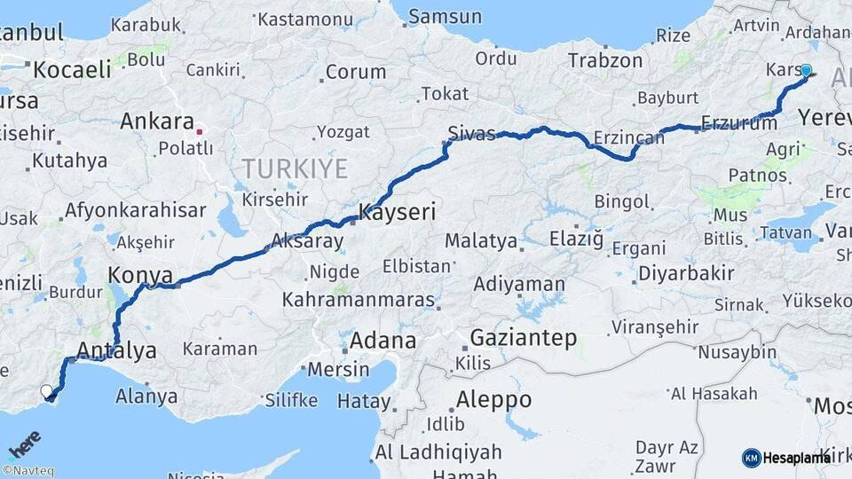 Kars Kumluca Antalya Arası Kaç Km - Yol Haritası