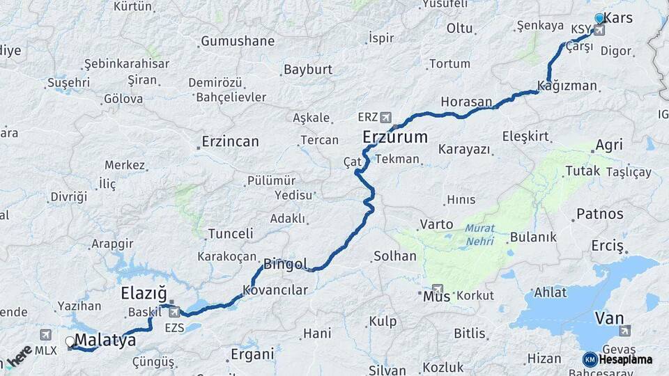 Kars Malatya Arası Kaç Km - Yol Haritası