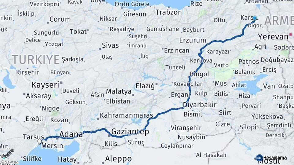 Kars Mersin Arası Kaç Km - Yol Haritası