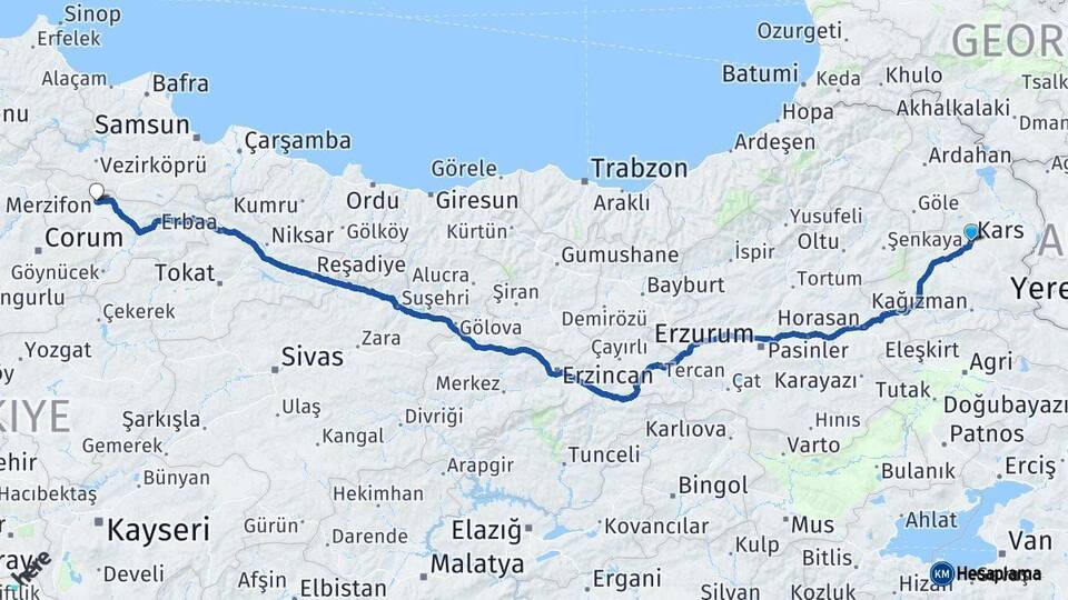 Kars Merzifon Amasya Arası Kaç Km - Yol Haritası