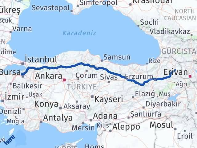 Kars Mudanya Bursa Arası Kaç Km - Yol Haritası