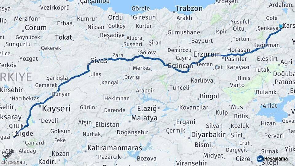 Kars Niğde Arası Kaç Km - Yol Haritası