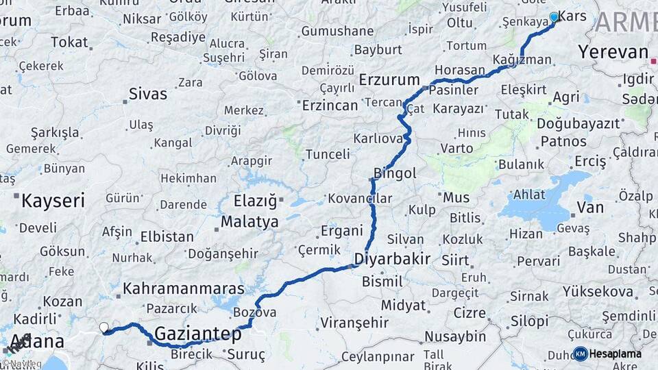 Kars Nurdağı Gaziantep Arası Kaç Km - Yol Haritası