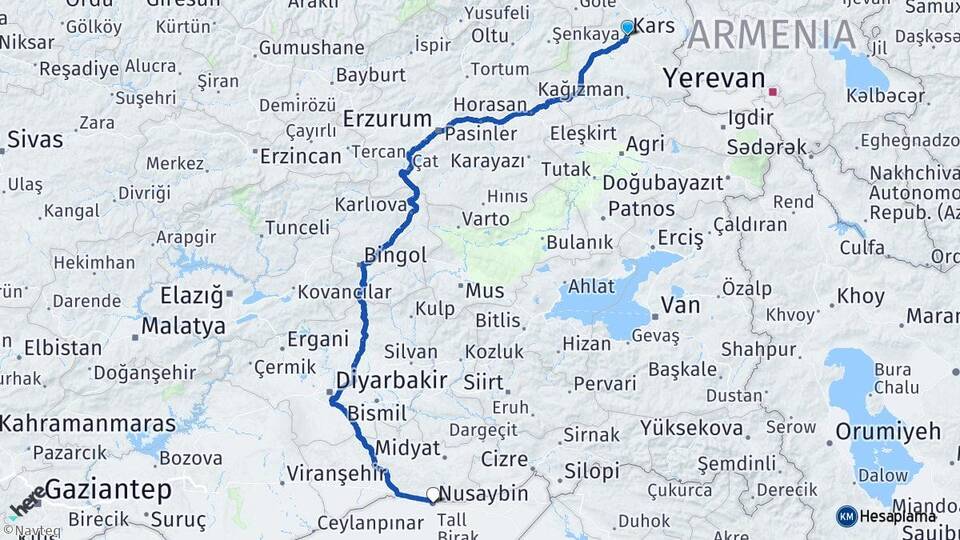 Kars Nusaybin Mardin Arası Kaç Km - Yol Haritası