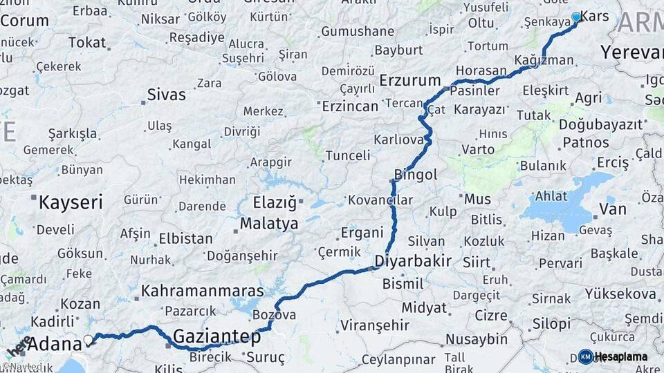 Kars Osmaniye Arası Kaç Km - Yol Haritası