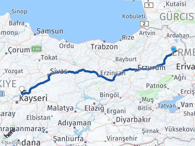 Kars Özvatan Kayseri Arası Kaç Km - Yol Haritası