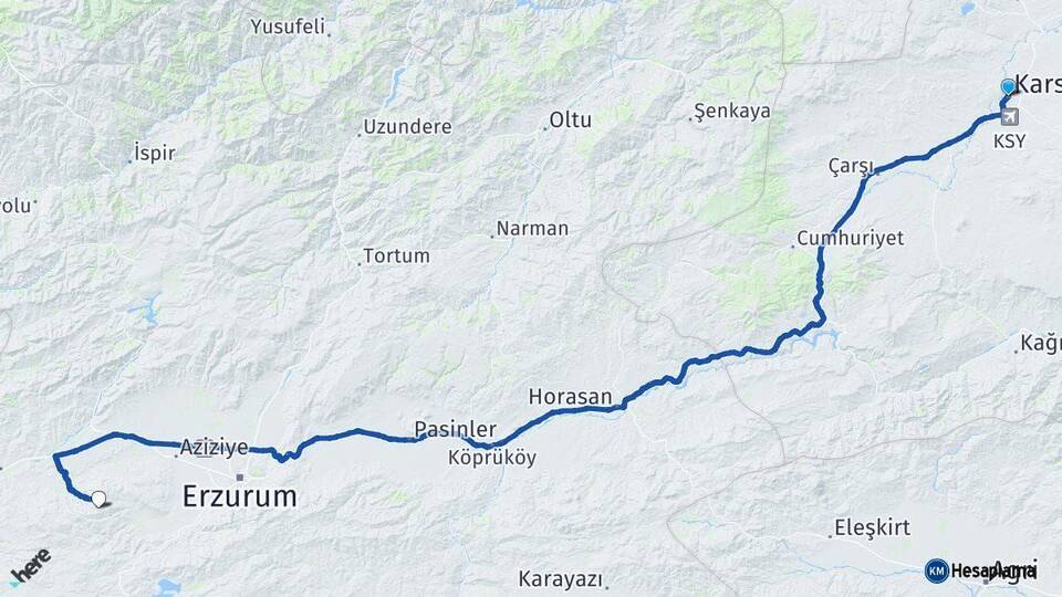 Kars Palandöken Erzurum Arası Kaç Km - Yol Haritası