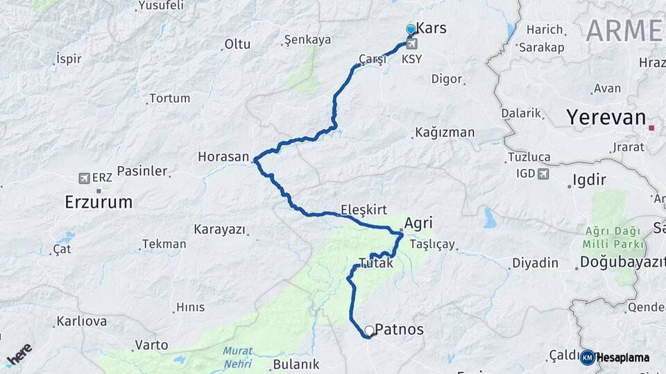 Kars Patnos Ağrı Arası Kaç Km - Yol Haritası
