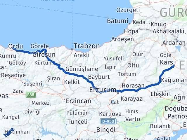 Kars Perşembe Ordu Arası Kaç Km - Yol Haritası