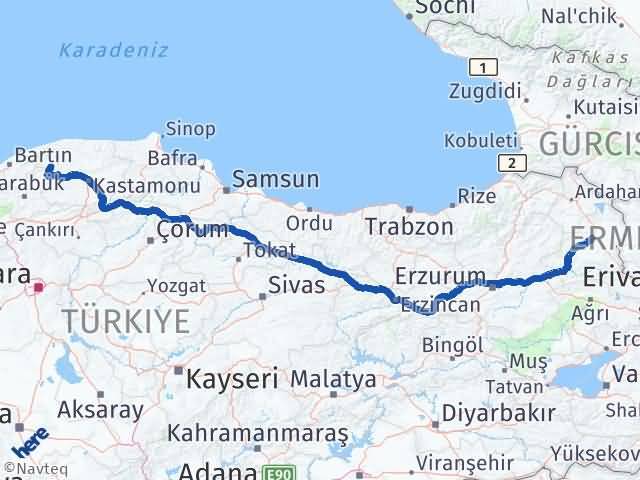 Kars Pınarbaşı Kastamonu Arası Kaç Km - Yol Haritası