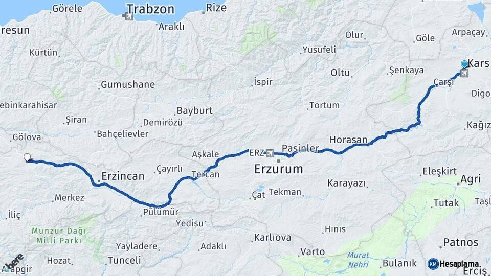 Kars Refahiye Erzincan Arası Kaç Km - Yol Haritası