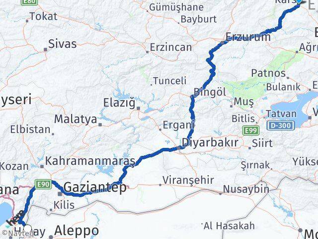 Kars Reyhanlı Hatay Arası Kaç Km - Yol Haritası