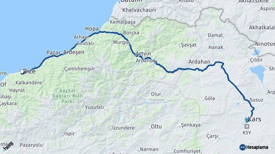 Kars Rize Arası Kaç Km - Yol Haritası