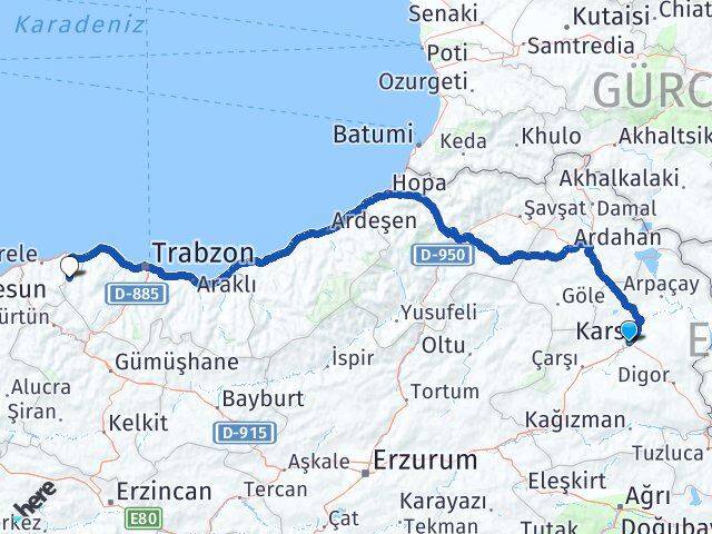 Kars Şalpazarı Trabzon Arası Kaç Km - Yol Haritası