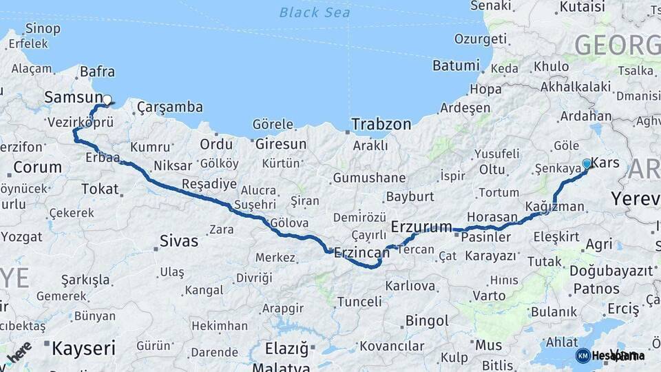 Kars Samsun Arası Kaç Km - Yol Haritası