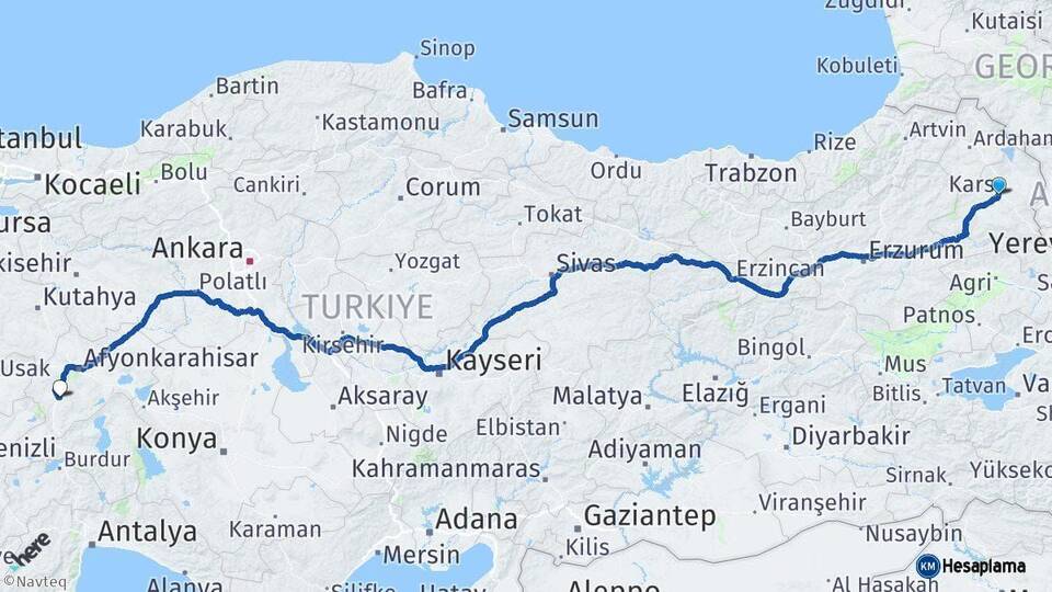 Kars Sandıklı Afyonkarahisar Arası Kaç Km - Yol Haritası