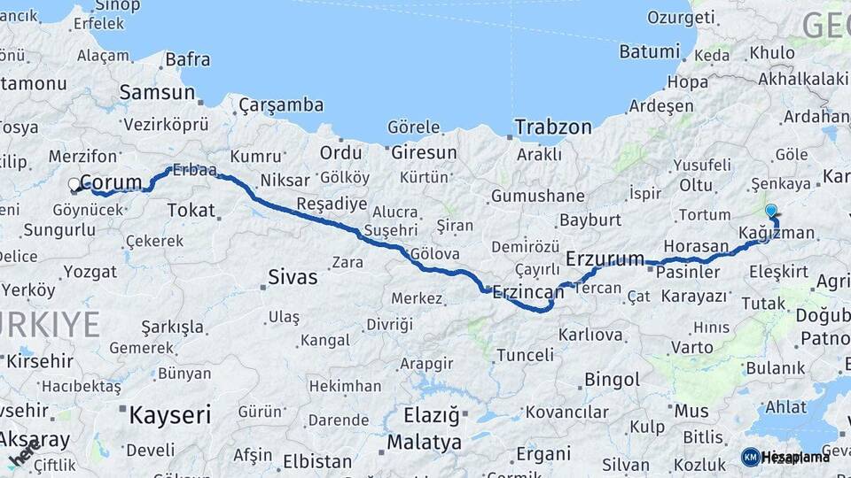 Kars Sarıkamış Çorum Arası Kaç Km - Yol Haritası