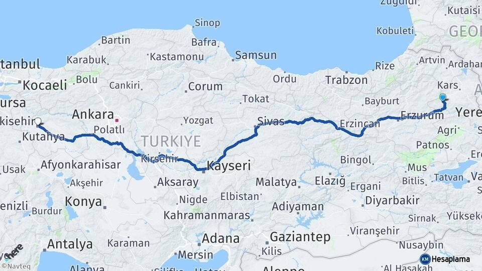 Kars Sarıkamış Eskişehir Arası Kaç Km - Yol Haritası