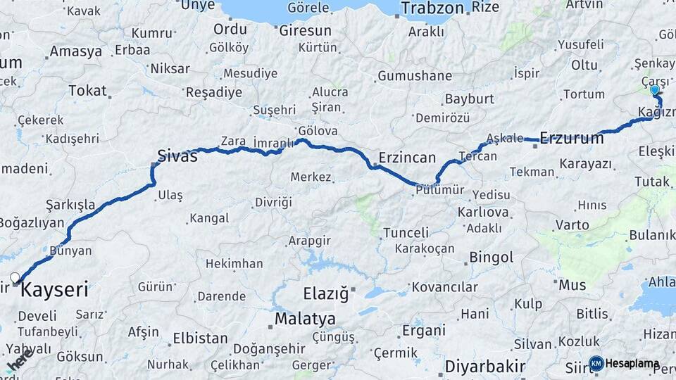 Kars Sarıkamış Kayseri Arası Kaç Km - Yol Haritası
