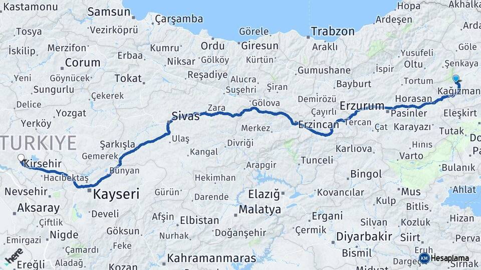 Kars Sarıkamış Kırşehir Arası Kaç Km - Yol Haritası