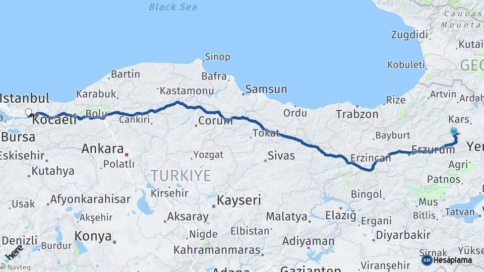 Kars Sarıkamış Kocaeli Arası Kaç Km - Yol Haritası