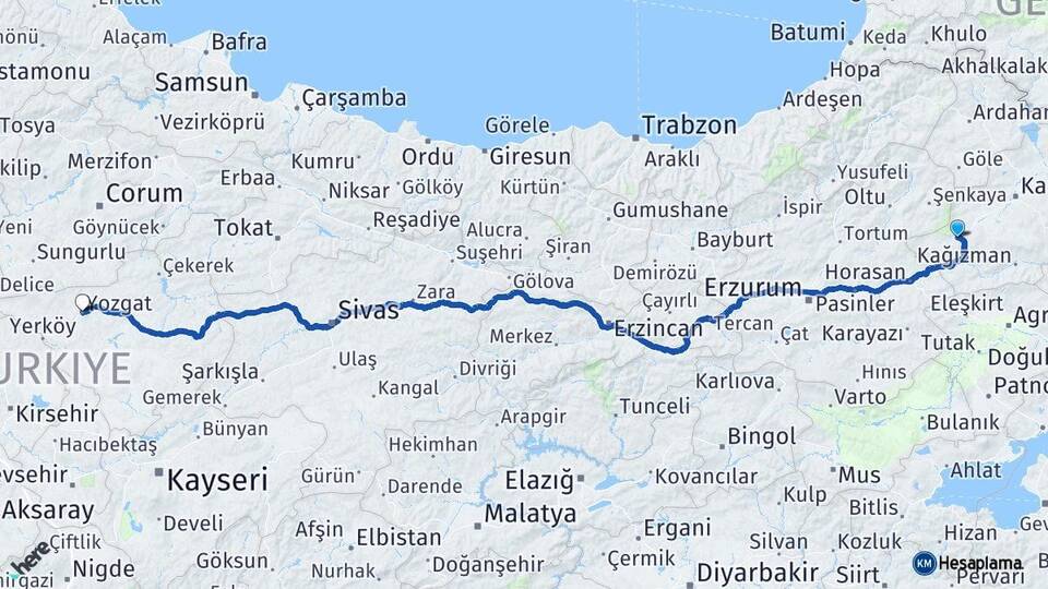 Kars Sarıkamış Yozgat Arası Kaç Km - Yol Haritası