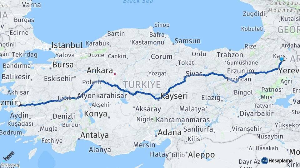 Kars Selim İzmir Arası Kaç Km - Yol Haritası