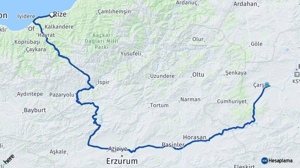 Kars Selim Rize Arası Kaç Km - Yol Haritası