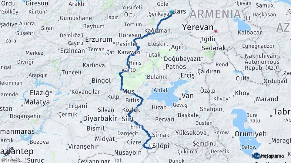 Kars Silopi Şırnak Arası Kaç Km - Yol Haritası