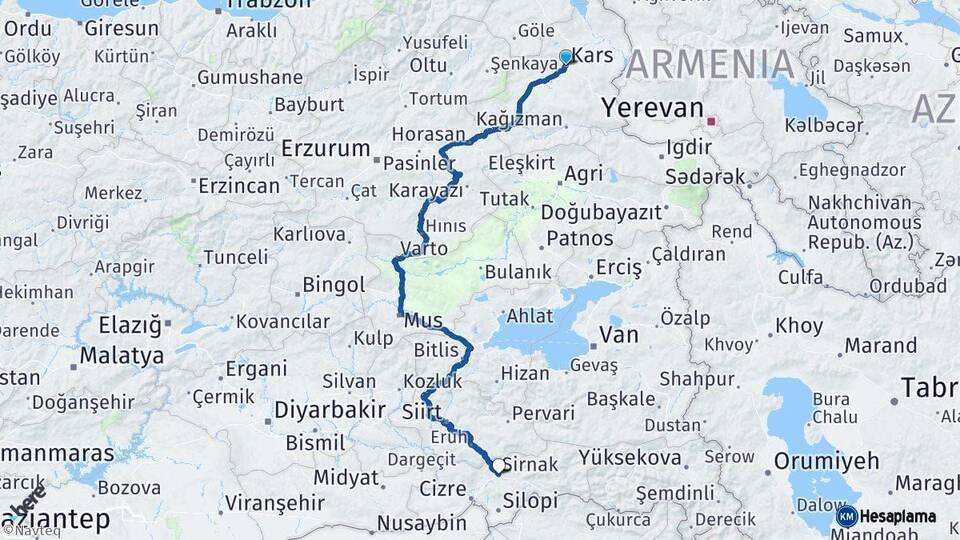 Kars Şırnak Arası Kaç Km - Yol Haritası