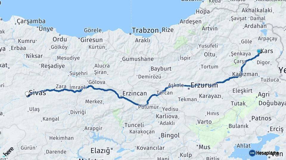 Kars Sivas Arası Kaç Km - Yol Haritası