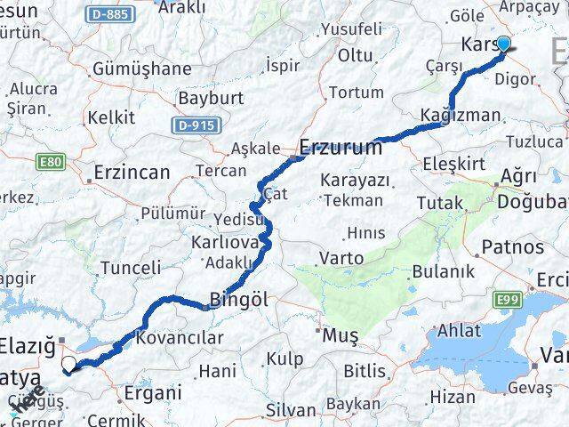 Kars Sivrice Elazığ Arası Kaç Km - Yol Haritası