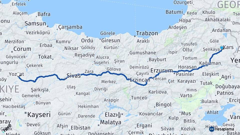 Kars Sorgun Yozgat Arası Kaç Km - Yol Haritası