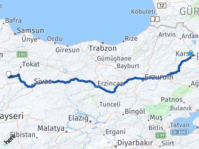 Kars Sulusaray Tokat Arası Kaç Km - Yol Haritası