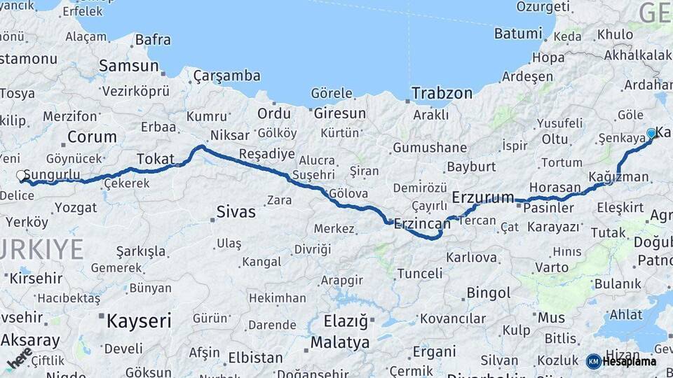 Kars Sungurlu Çorum Arası Kaç Km - Yol Haritası