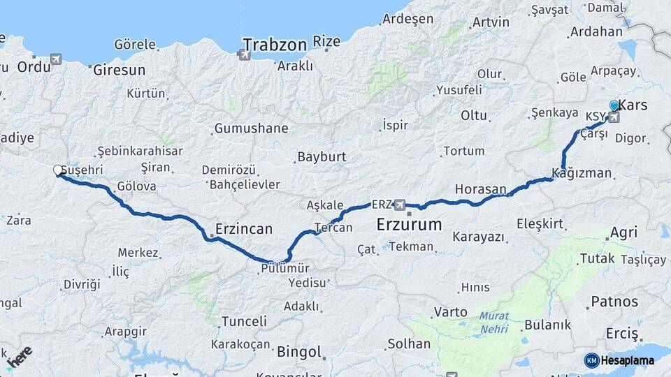 Kars Suşehri Sivas Arası Kaç Km - Yol Haritası