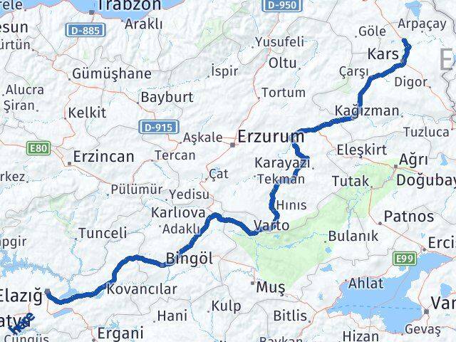 Kars Susuz Elazığ Arası Kaç Km - Yol Haritası