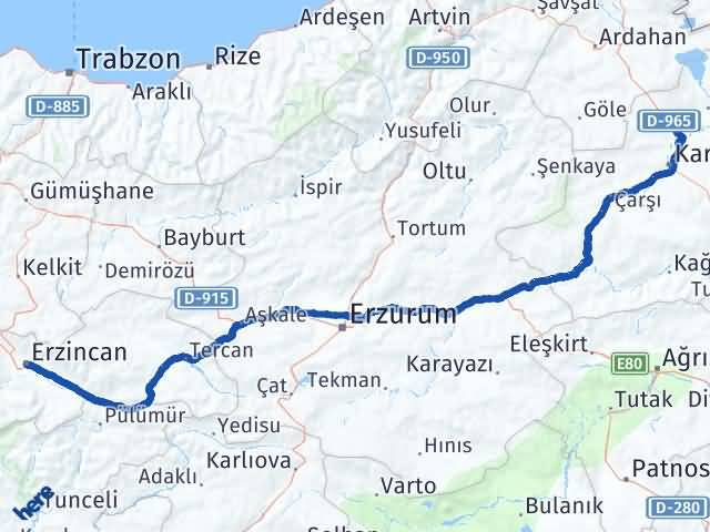 Kars Susuz Erzincan Arası Kaç Km - Yol Haritası