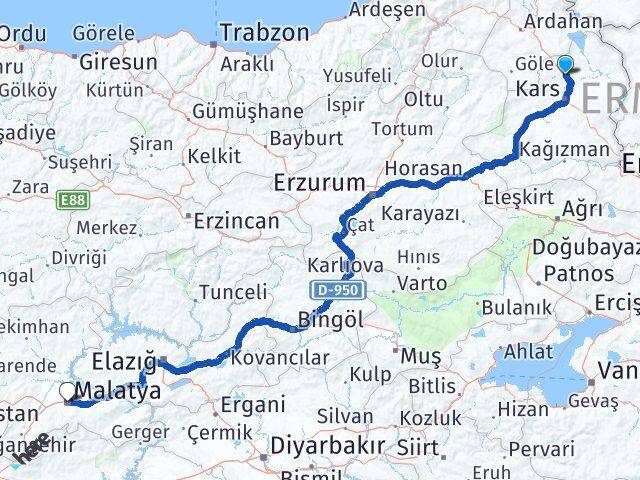 Kars Susuz Malatya Arası Kaç Km - Yol Haritası