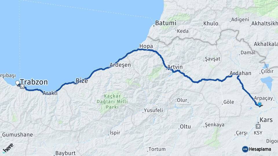 Kars Susuz Trabzon Arası Kaç Km - Yol Haritası
