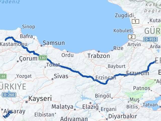 Kars Taşköprü Kastamonu Arası Kaç Km - Yol Haritası