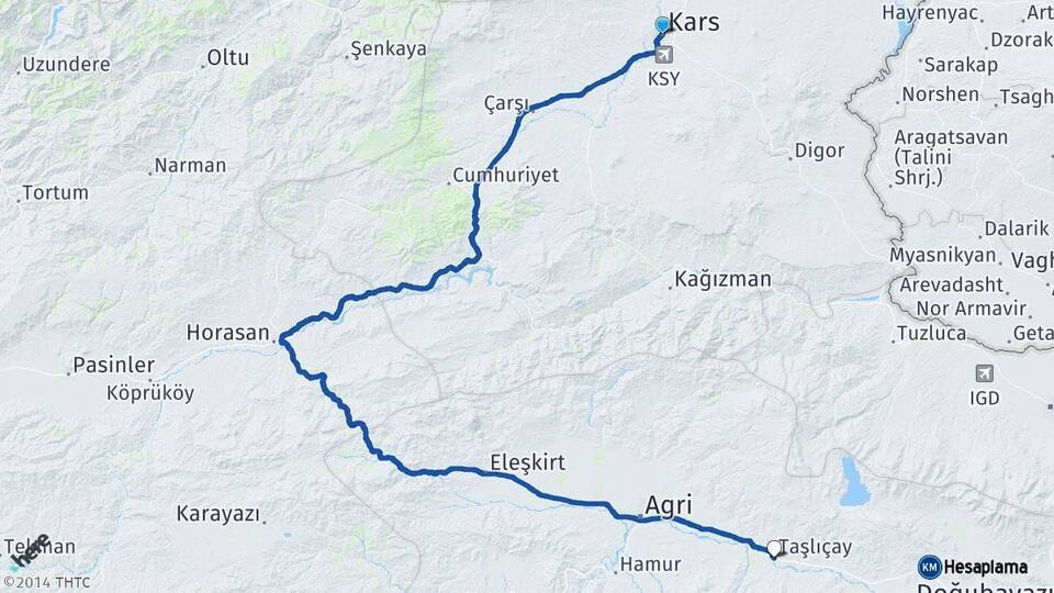 Kars Taşlıçay Ağrı Arası Kaç Km - Yol Haritası